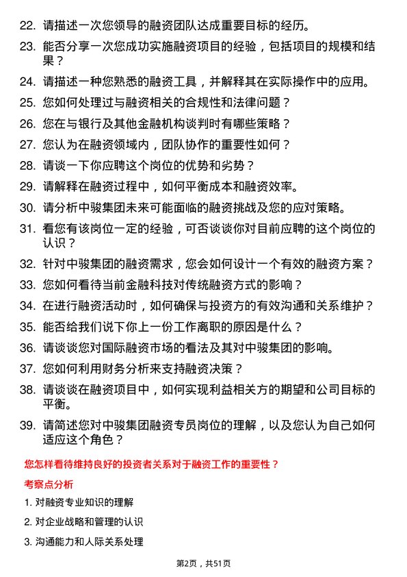 39道中骏集团控股融资专员岗位面试题库及参考回答含考察点分析