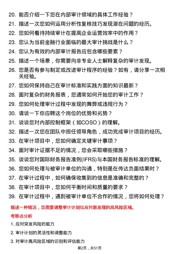 39道中国国际金融内部审计员岗位面试题库及参考回答含考察点分析