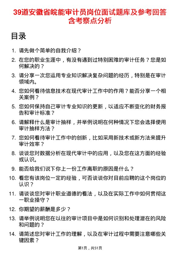 39道安徽省皖能审计员岗位面试题库及参考回答含考察点分析