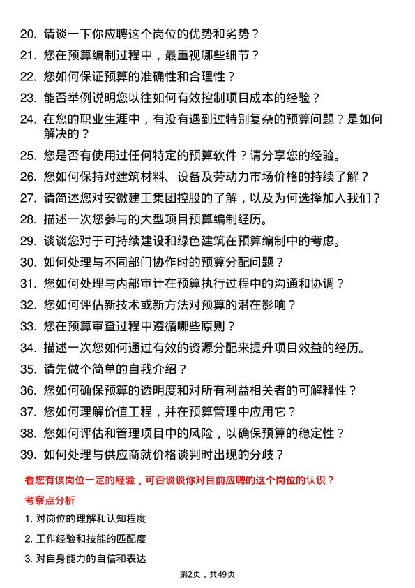 39道安徽建工集团控股预算员岗位面试题库及参考回答含考察点分析