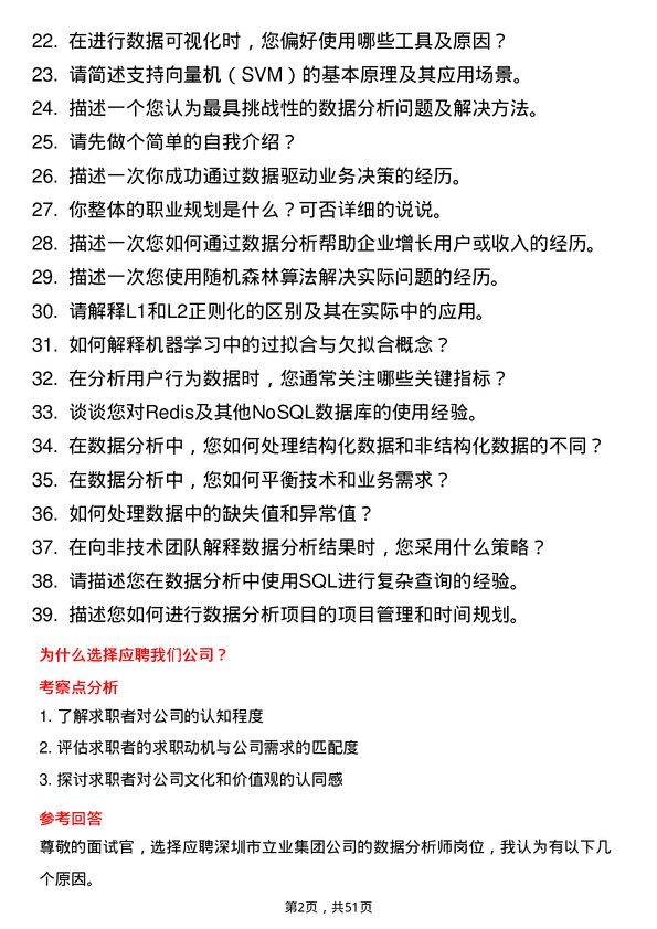 39道深圳市立业集团数据分析师岗位面试题库及参考回答含考察点分析