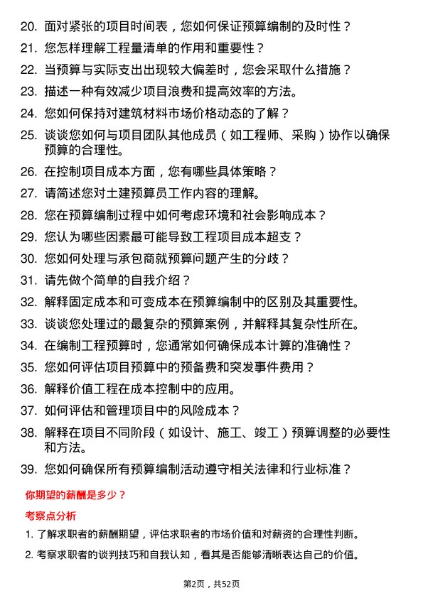 39道甘肃省建设投资（控股）集团土建预算员岗位面试题库及参考回答含考察点分析