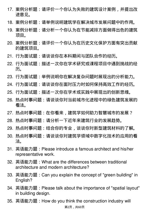 35道安徽理工大学建筑学专业研究生复试面试题及参考回答含英文能力题