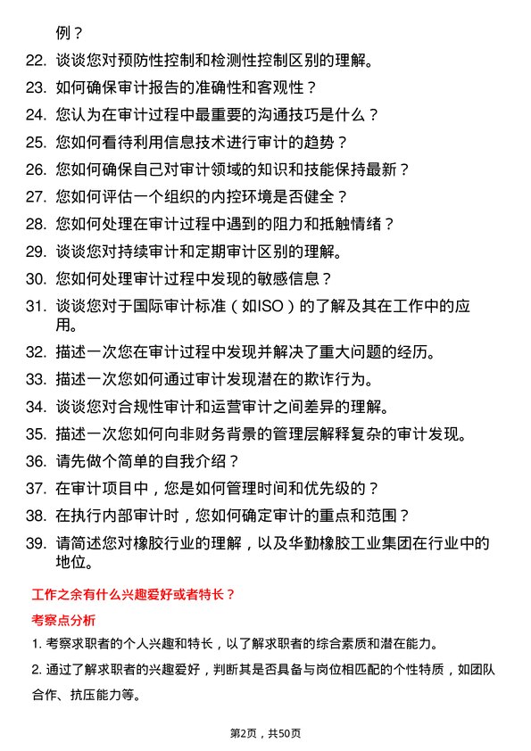 39道华勤橡胶工业集团审计专员岗位面试题库及参考回答含考察点分析