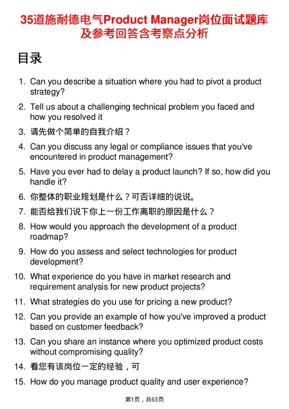 39道施耐德电气Product Manager岗位面试题库及参考回答含考察点分析