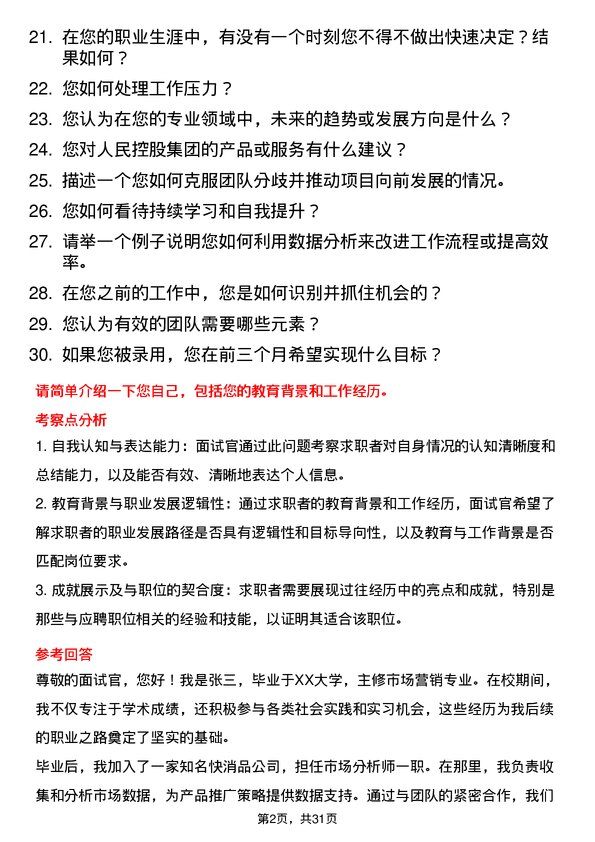 30道人民控股集团面试题高频通用面试题带答案全网筛选整理