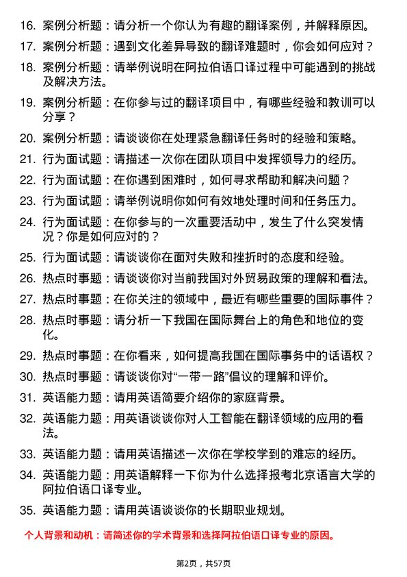 35道北京语言大学阿拉伯语口译专业研究生复试面试题及参考回答含英文能力题