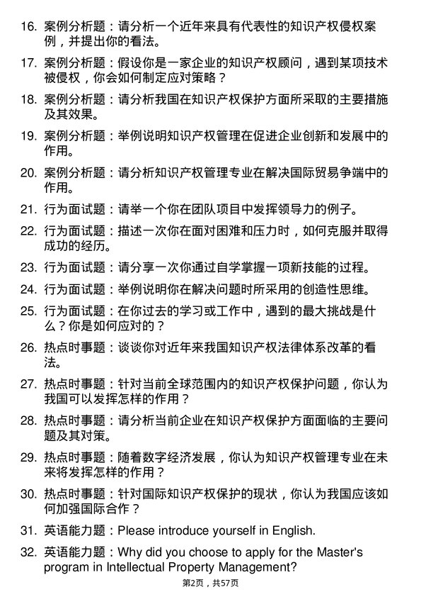 35道青岛大学知识产权管理专业研究生复试面试题及参考回答含英文能力题