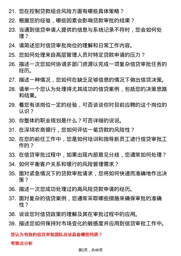 39道深圳农商银行信贷审批岗岗位面试题库及参考回答含考察点分析