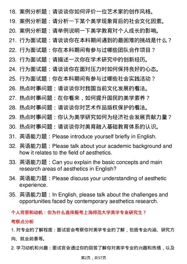 35道上海师范大学美学专业研究生复试面试题及参考回答含英文能力题