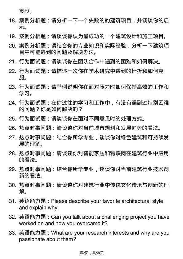 35道中国美术学院建筑学专业研究生复试面试题及参考回答含英文能力题