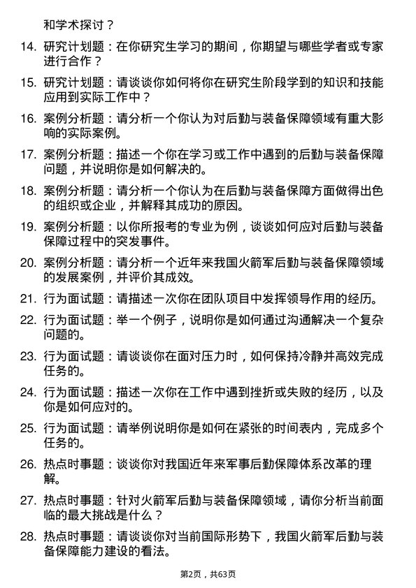 35道火箭军工程大学后勤与装备保障专业研究生复试面试题及参考回答含英文能力题