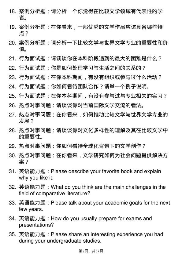 35道青岛大学比较文学与世界文学专业研究生复试面试题及参考回答含英文能力题