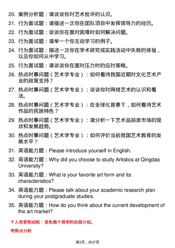 35道青岛大学艺术学专业研究生复试面试题及参考回答含英文能力题