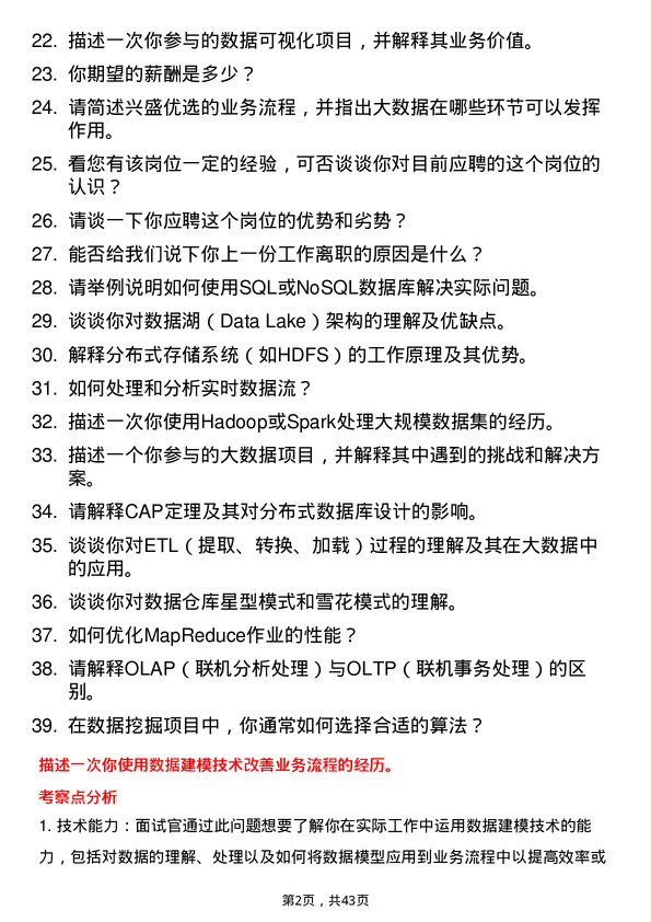 39道兴盛优选大数据开发工程师岗位面试题库及参考回答含考察点分析