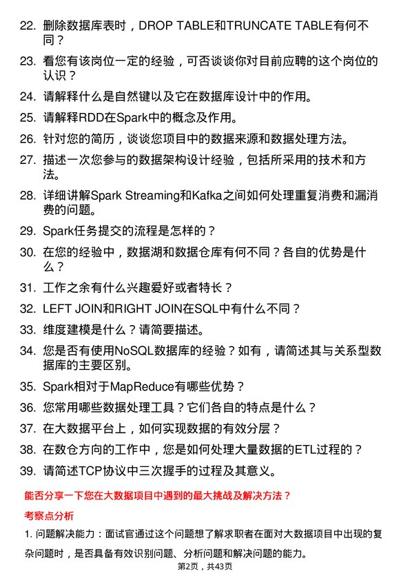 39道杭州联合银行大数据研发工程师岗位面试题库及参考回答含考察点分析