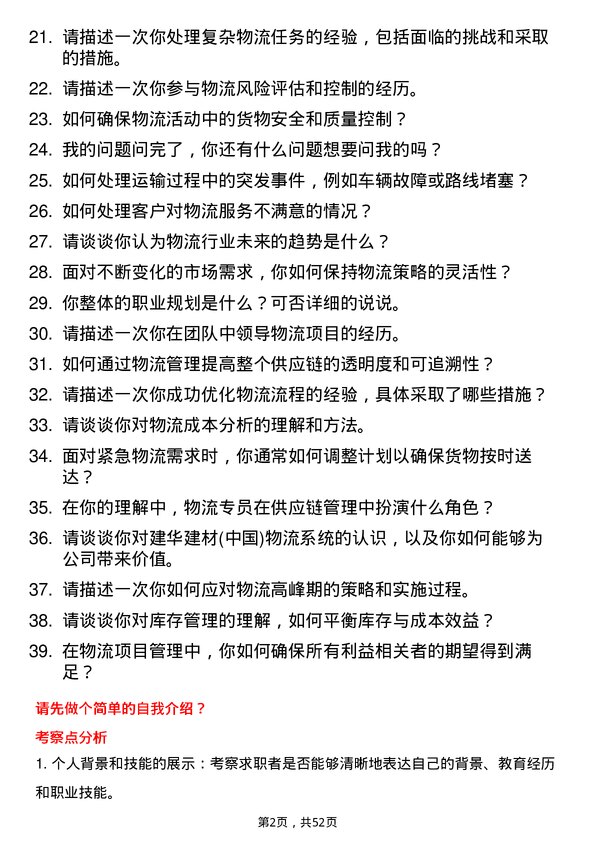 39道建华建材(中国)公司物流专员岗位面试题库及参考回答含考察点分析