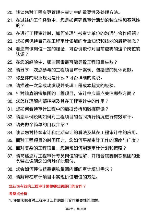 39道江苏省镔鑫钢铁集团工程审计专员岗位面试题库及参考回答含考察点分析