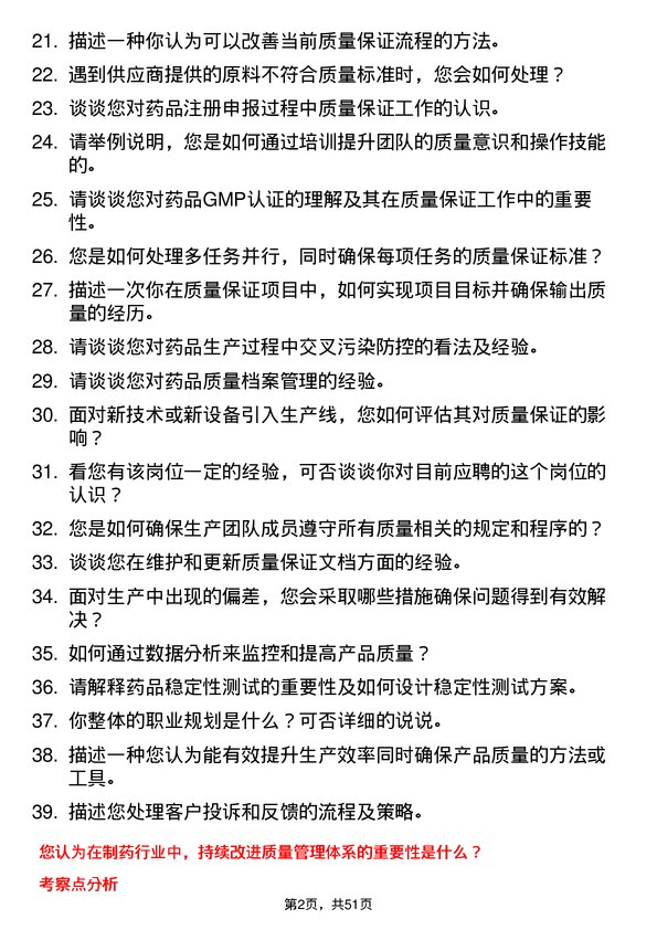 39道齐鲁制药集团质量保证专员岗位面试题库及参考回答含考察点分析