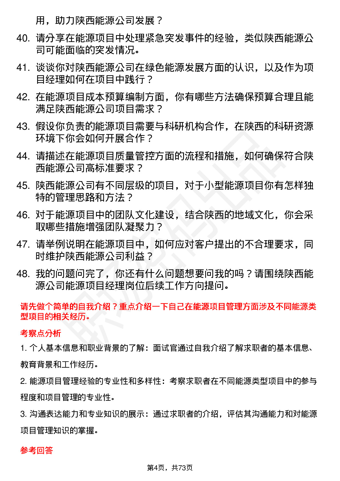 48道陕西能源能源项目经理岗位面试题库及参考回答含考察点分析