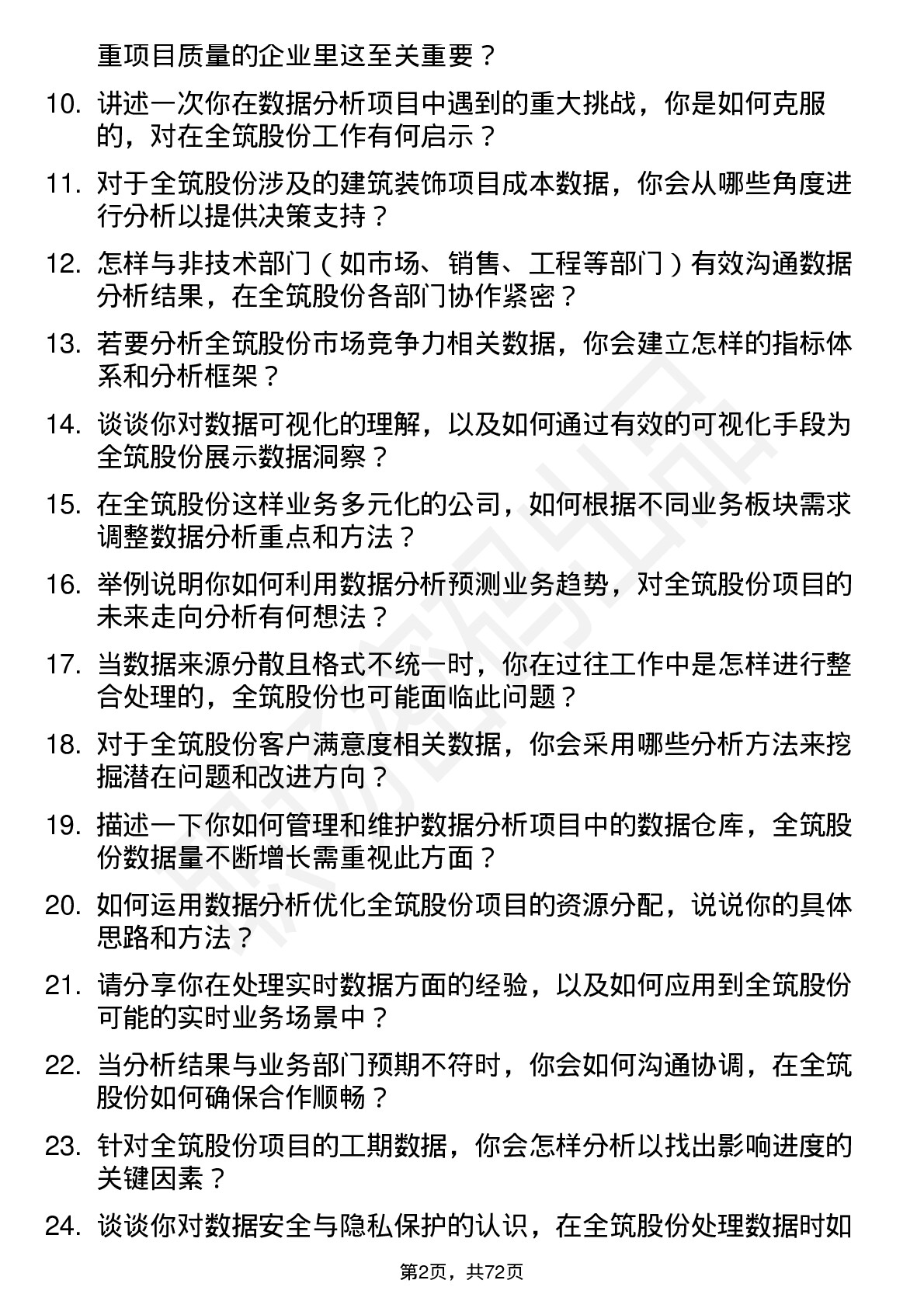 48道全筑股份数据分析员岗位面试题库及参考回答含考察点分析