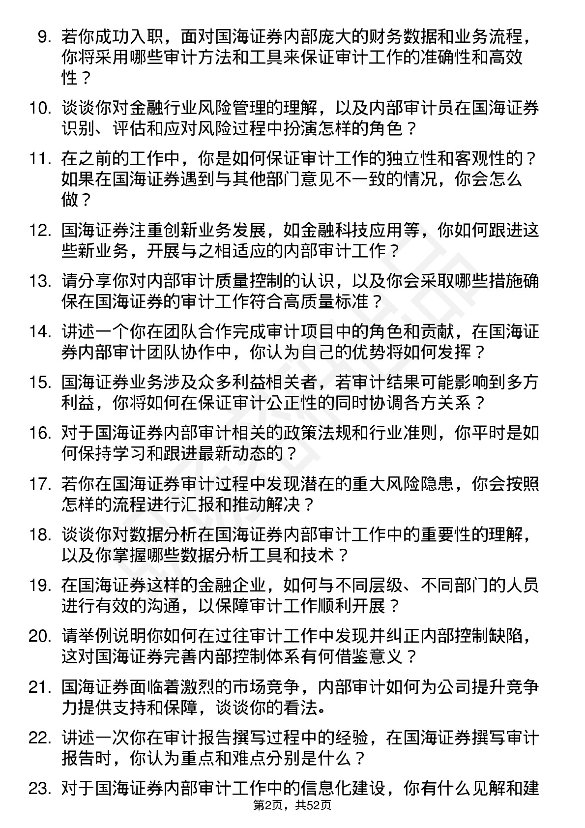 48道国海证券内部审计员岗位面试题库及参考回答含考察点分析