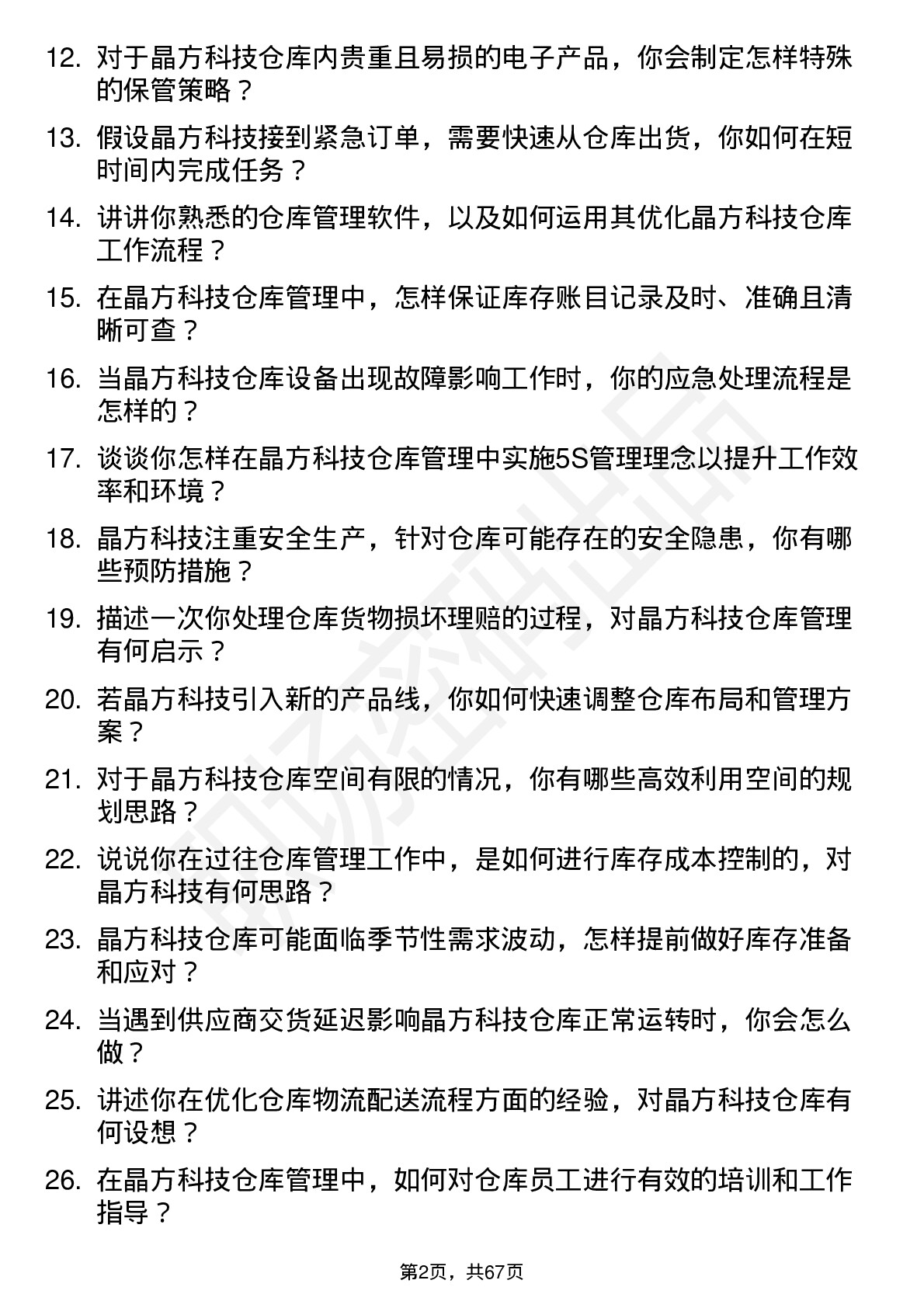 48道晶方科技仓库管理员岗位面试题库及参考回答含考察点分析