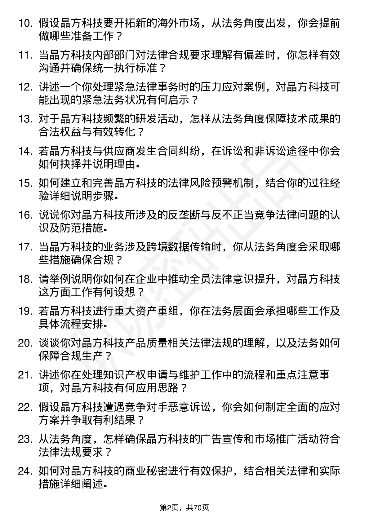 48道晶方科技法务专员岗位面试题库及参考回答含考察点分析