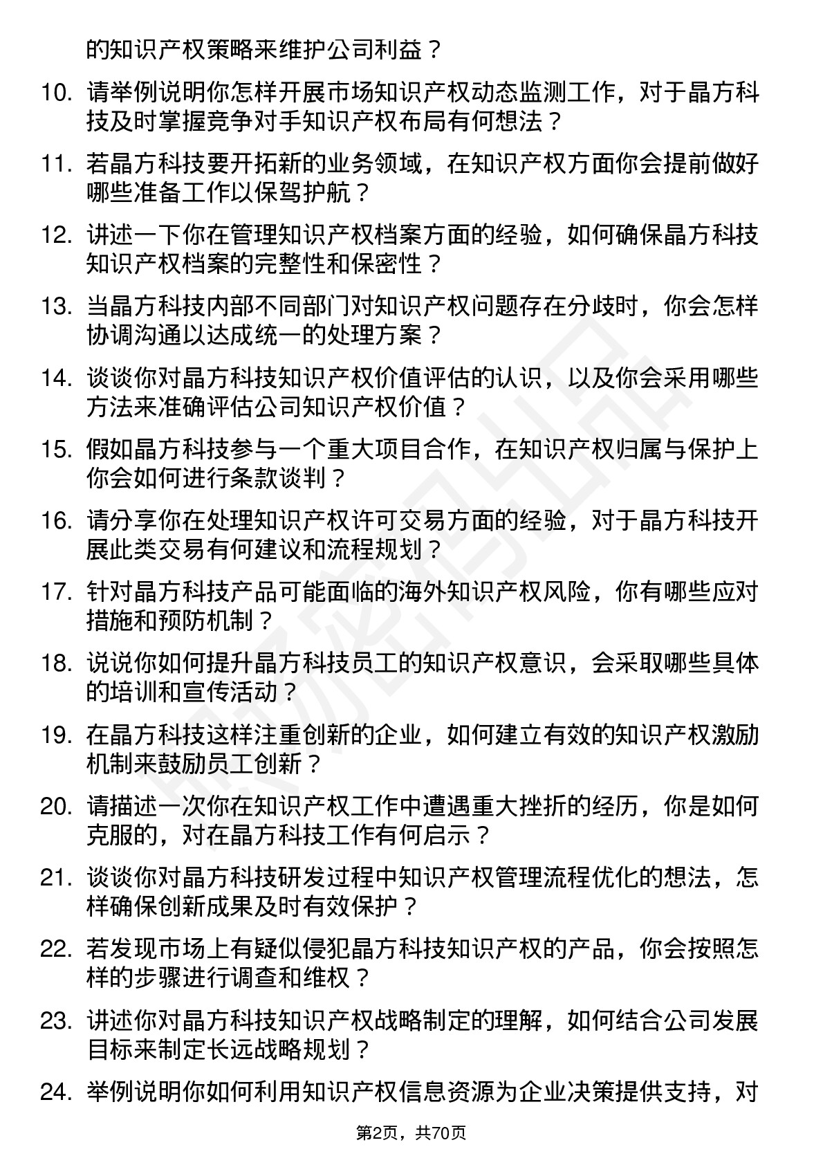 48道晶方科技知识产权专员岗位面试题库及参考回答含考察点分析