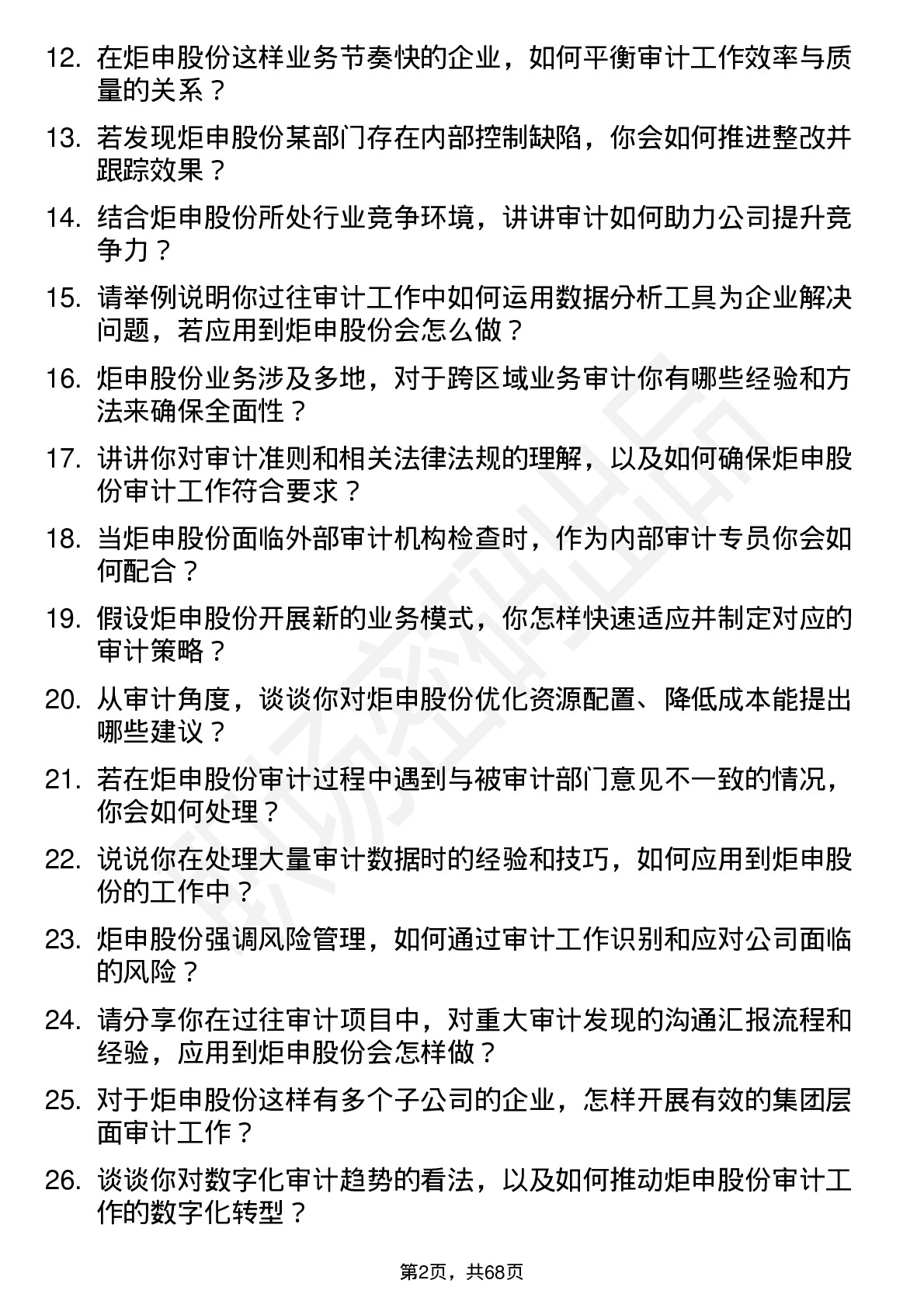 48道炬申股份审计专员岗位面试题库及参考回答含考察点分析