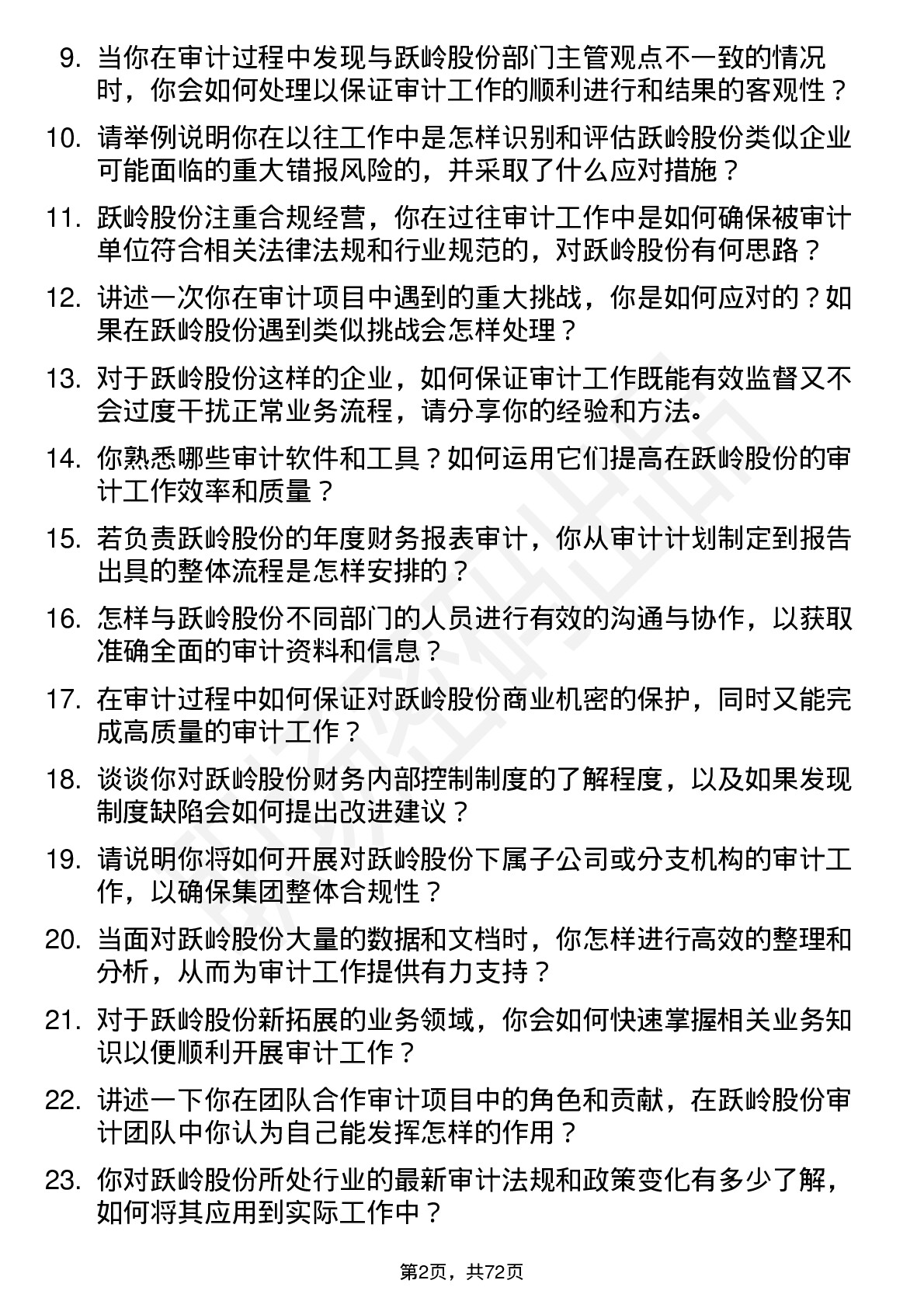 48道跃岭股份审计员岗位面试题库及参考回答含考察点分析