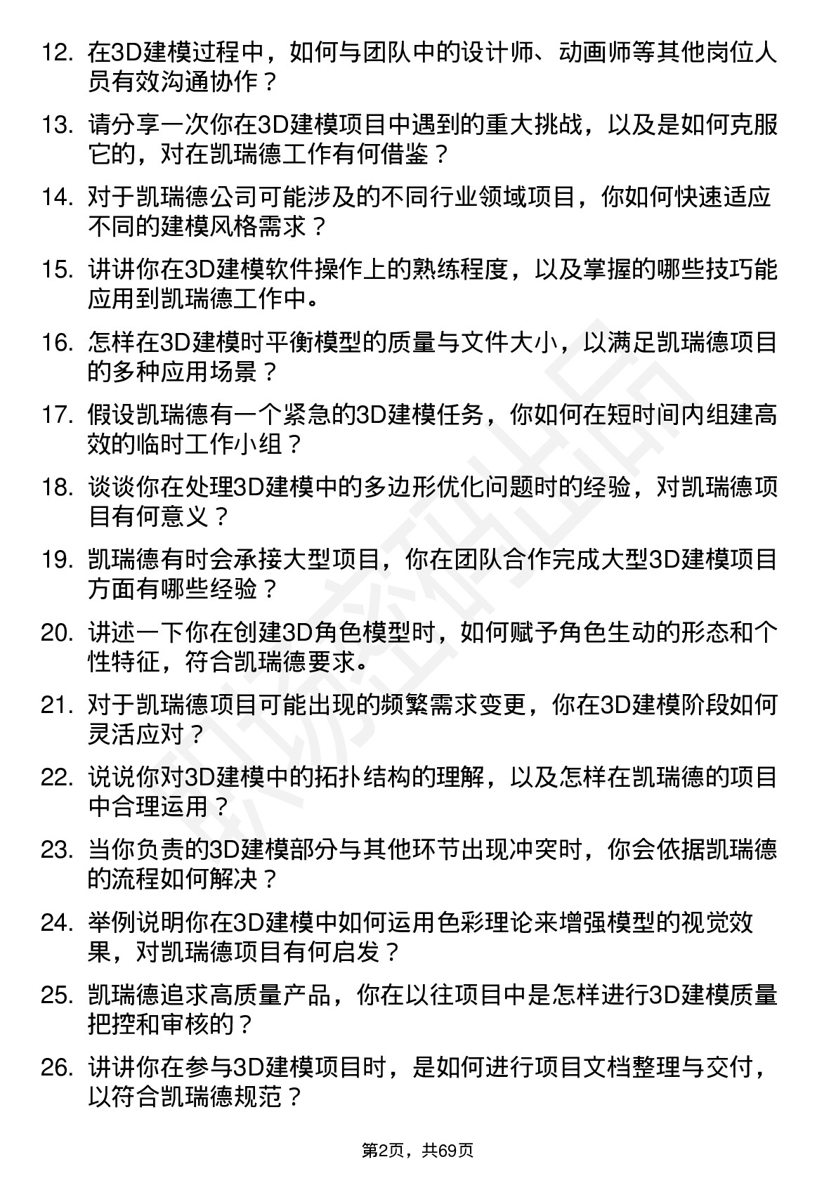 48道凯瑞德3D 建模师岗位面试题库及参考回答含考察点分析