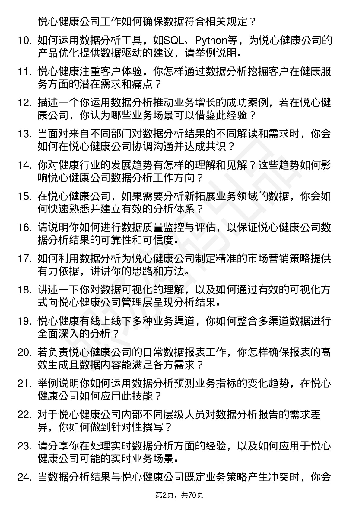 48道悦心健康数据分析专员岗位面试题库及参考回答含考察点分析