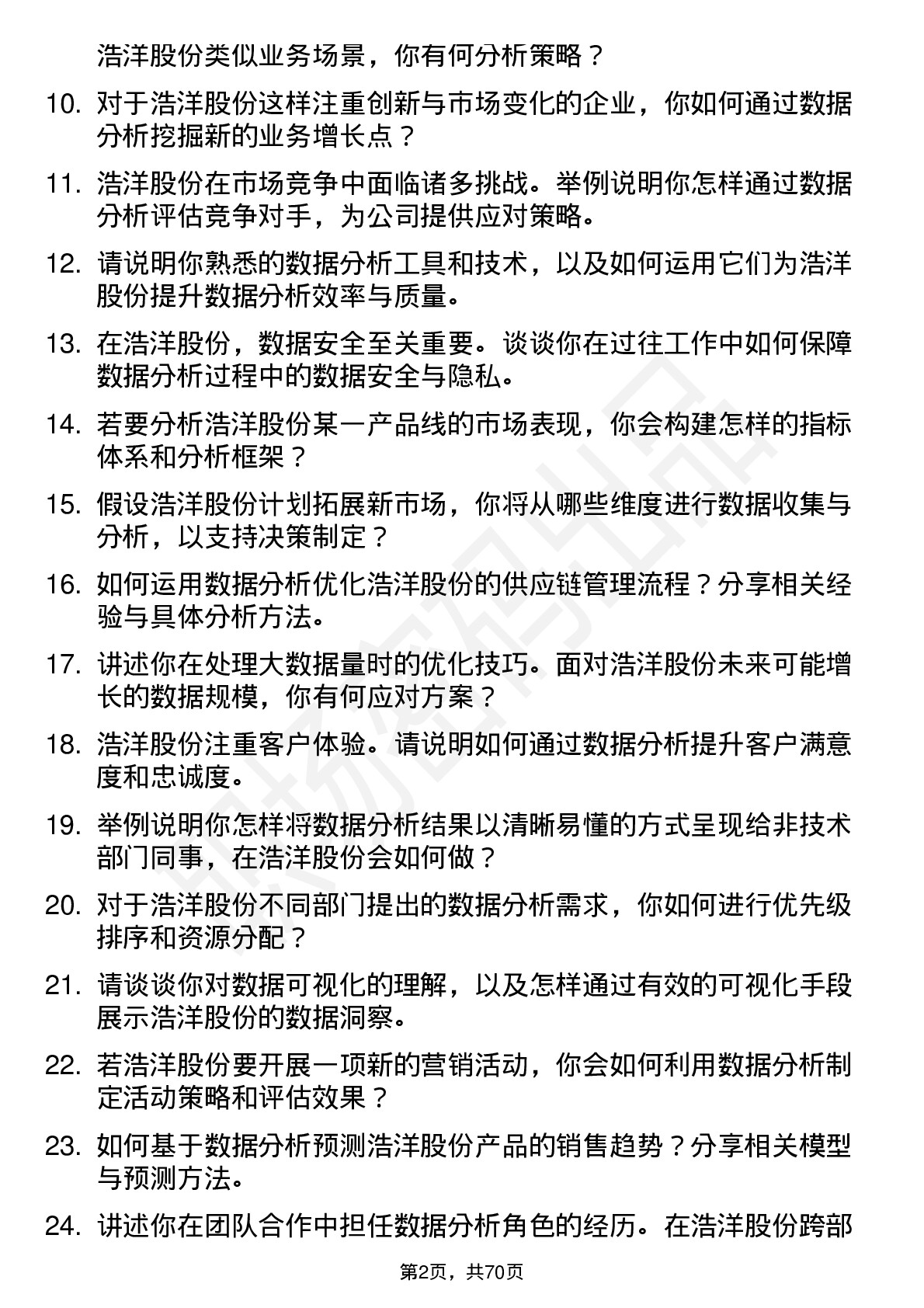 48道浩洋股份数据分析员岗位面试题库及参考回答含考察点分析