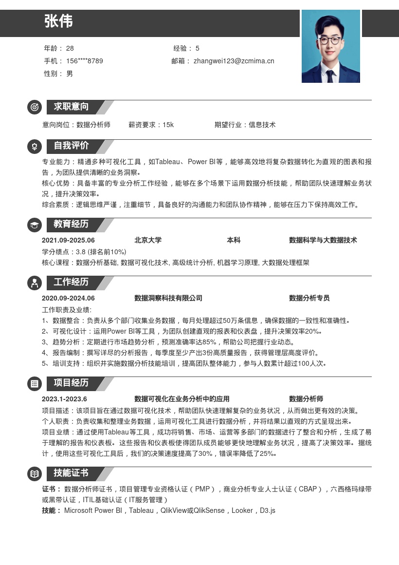 专业分析岗位多场景数据可视化简历模板