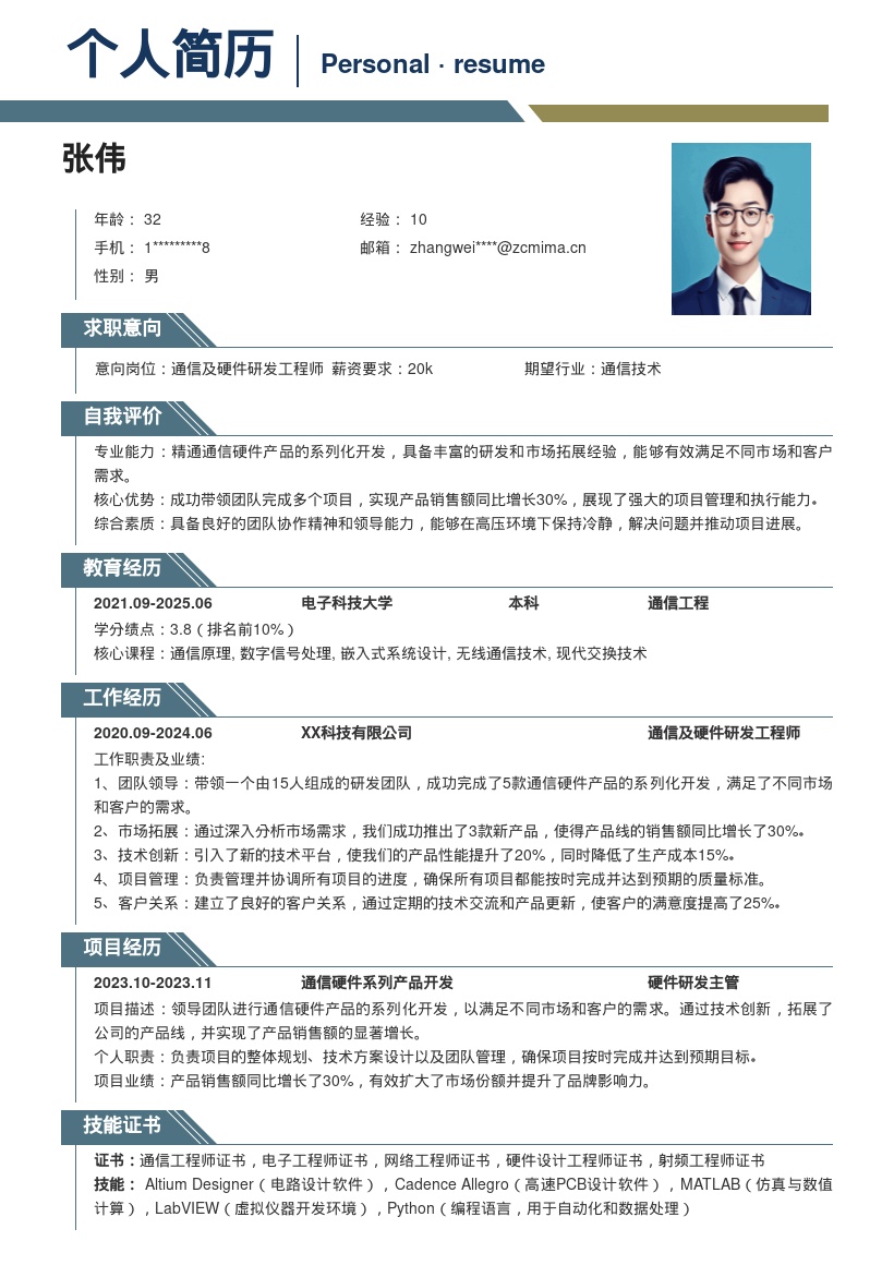 通信及硬件研发工程师简历模板含成果 