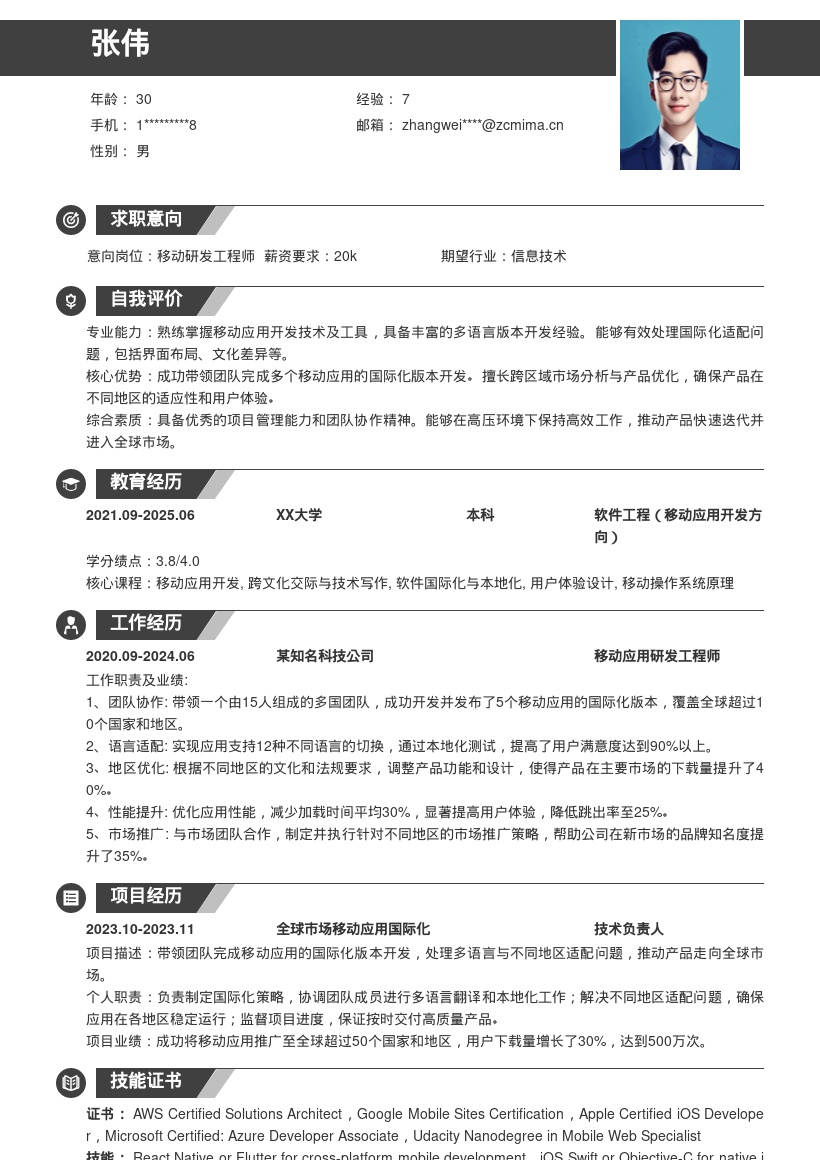 移动研发岗带领团队国际化适配简历模板