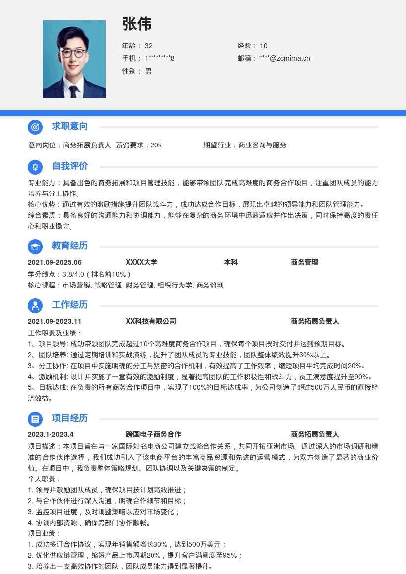 商务拓展负责人带领团队完成项目简历模板