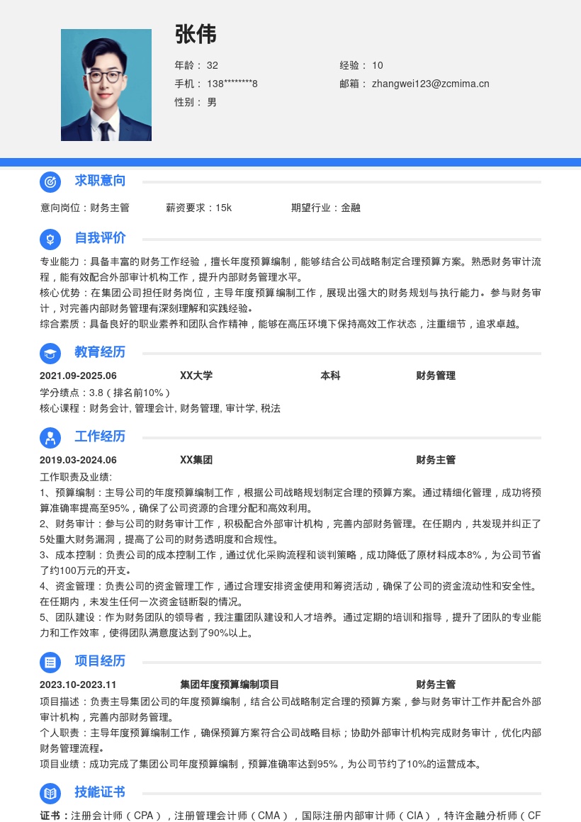 集团财务岗位主导预算审计简历模板