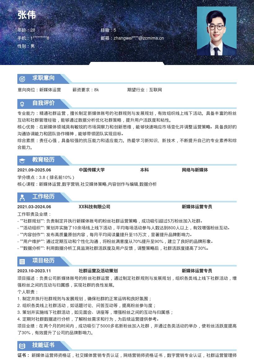 新媒体运营粉丝社群运营简历模板