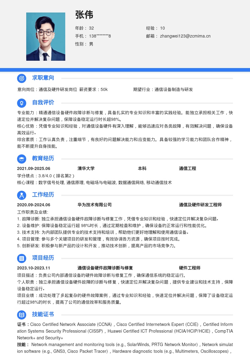 通信及硬件研发工程师简历模板含故障修复 