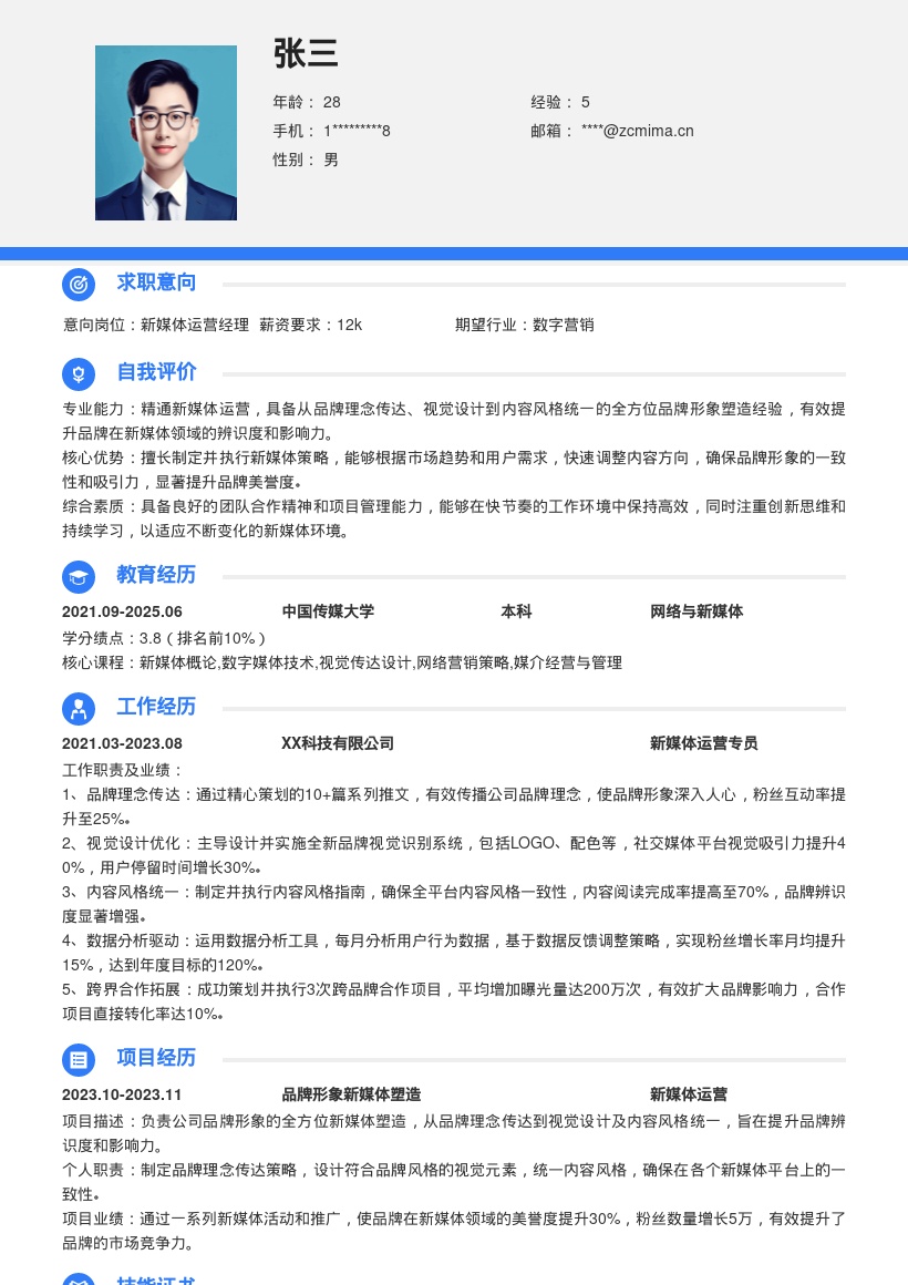 新媒体运营全方位品牌塑造简历模板
