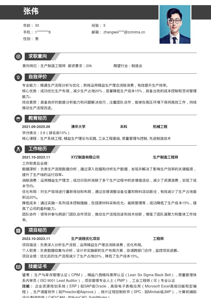 生产制造工程师优化生产成果简历模板