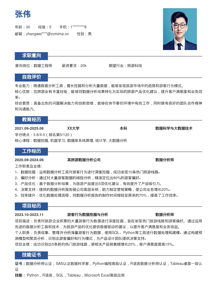 数据工程师旅游企业行为数据挖掘简历模板