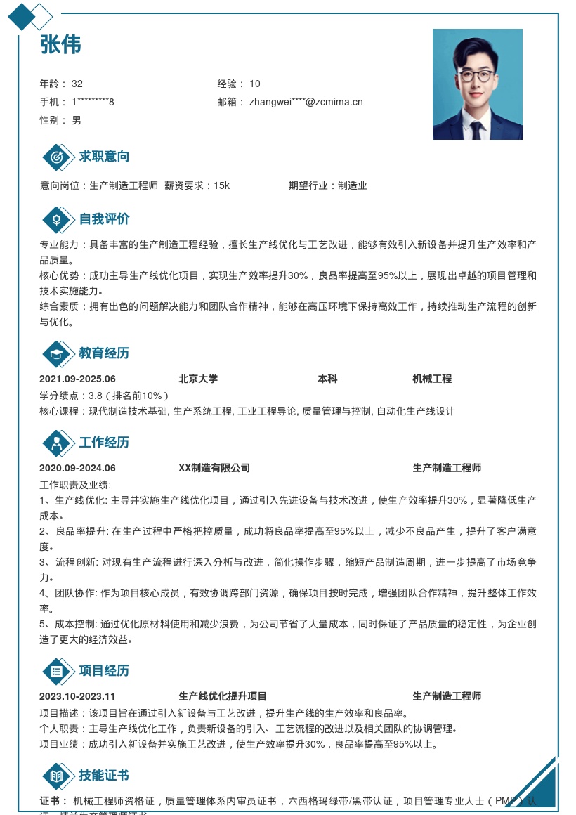 生产制造工程师主导优化项目简历模板