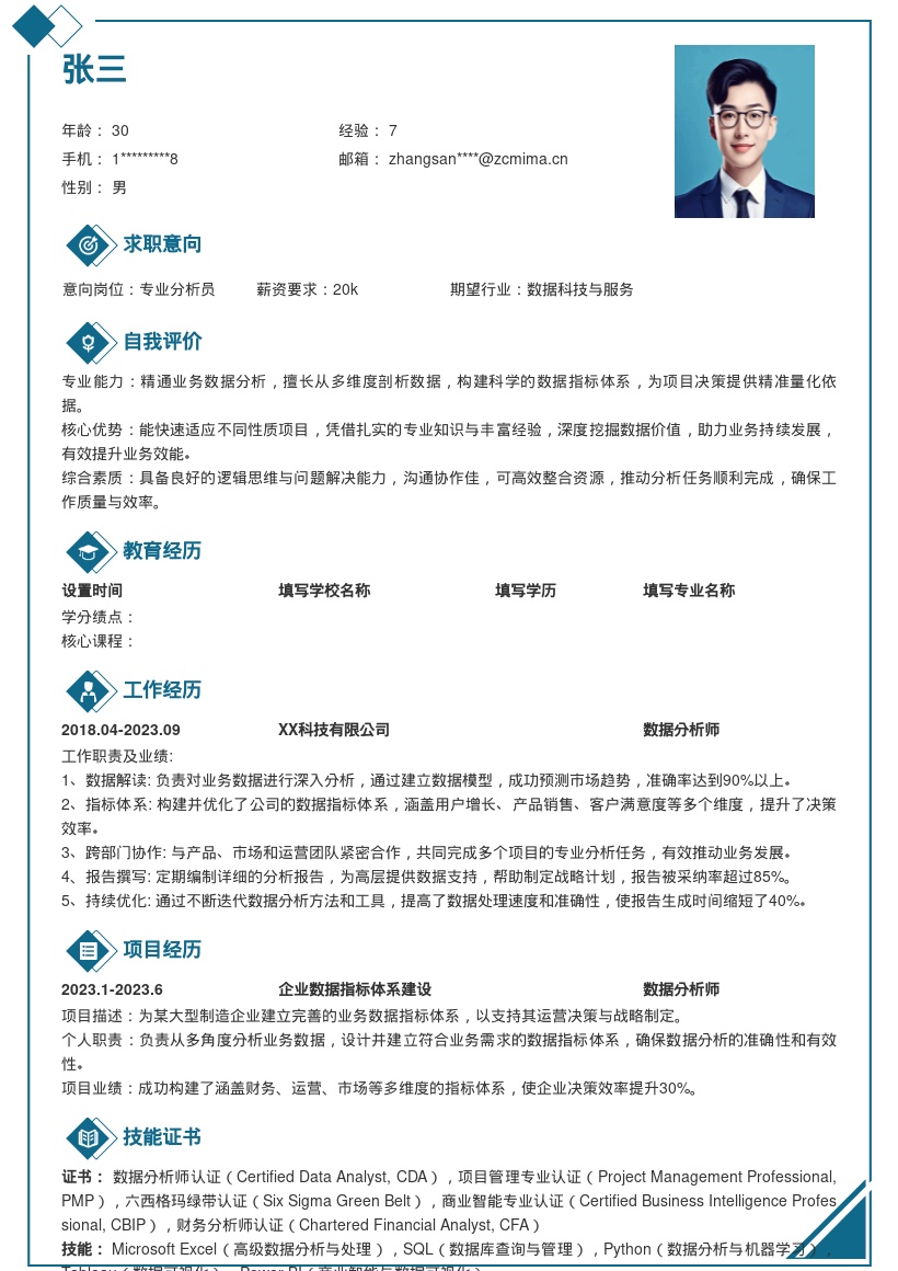 专业分析岗位多角度分析数据简历模板