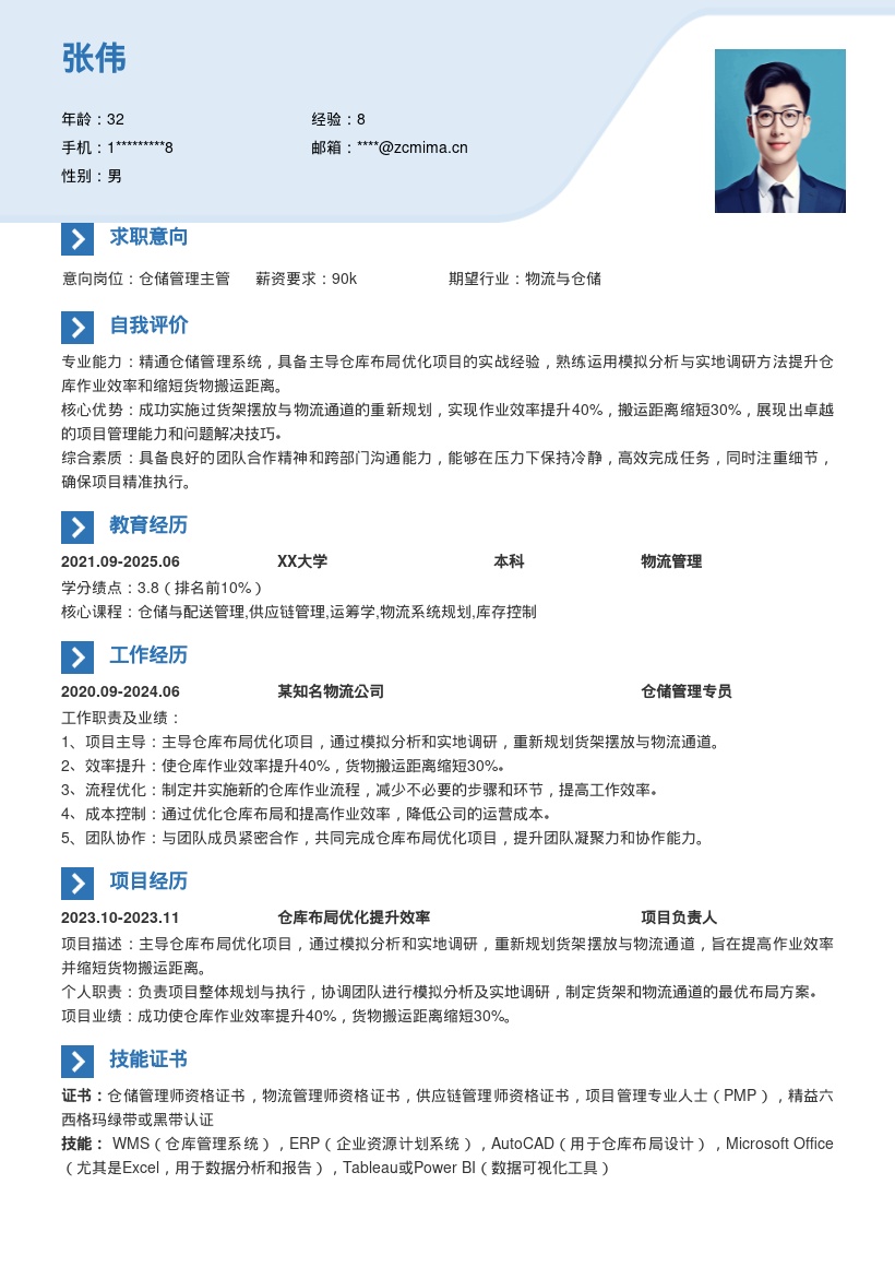 仓储管理岗位主导仓库优化简历模板