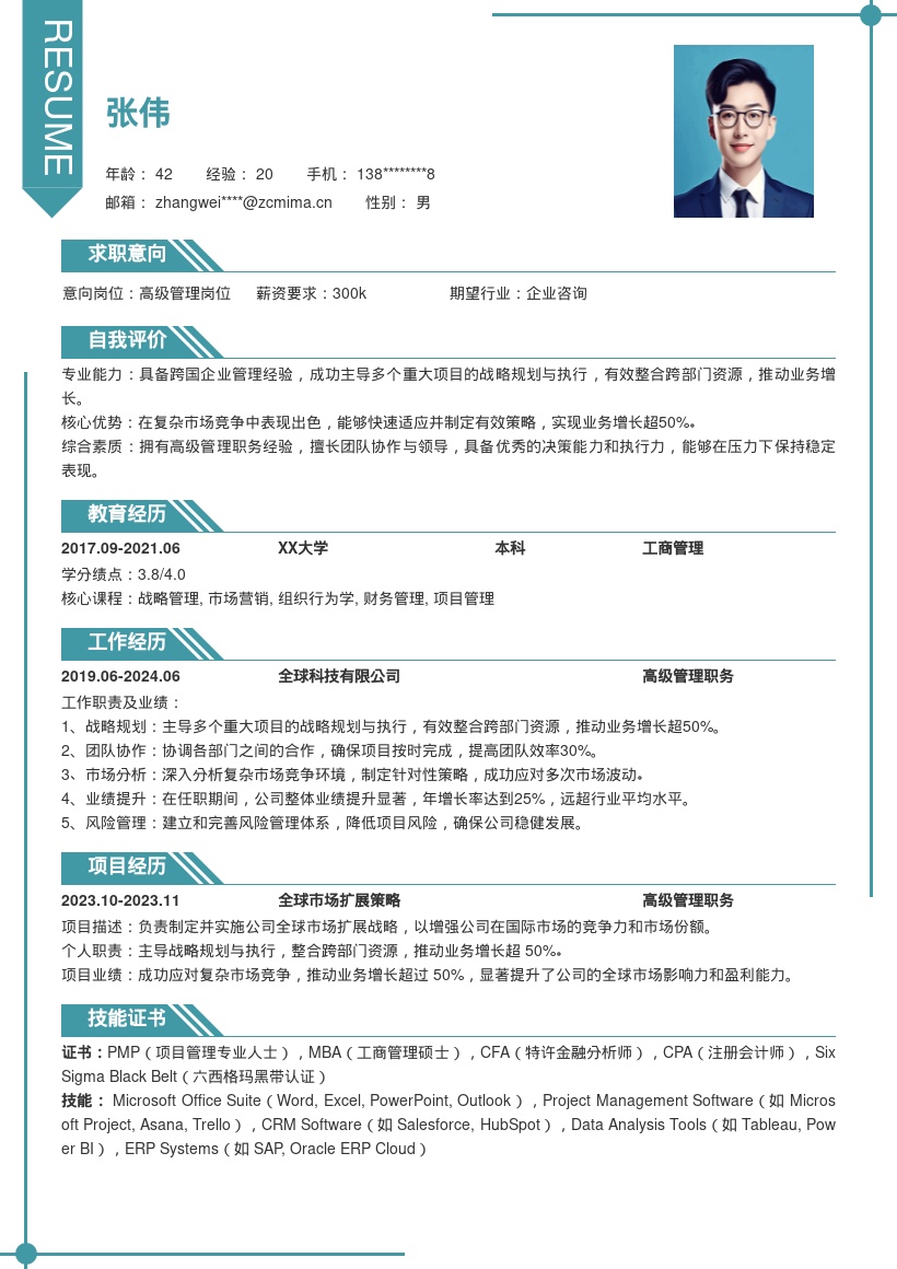 大型跨国企业高级管理岗位简历模板