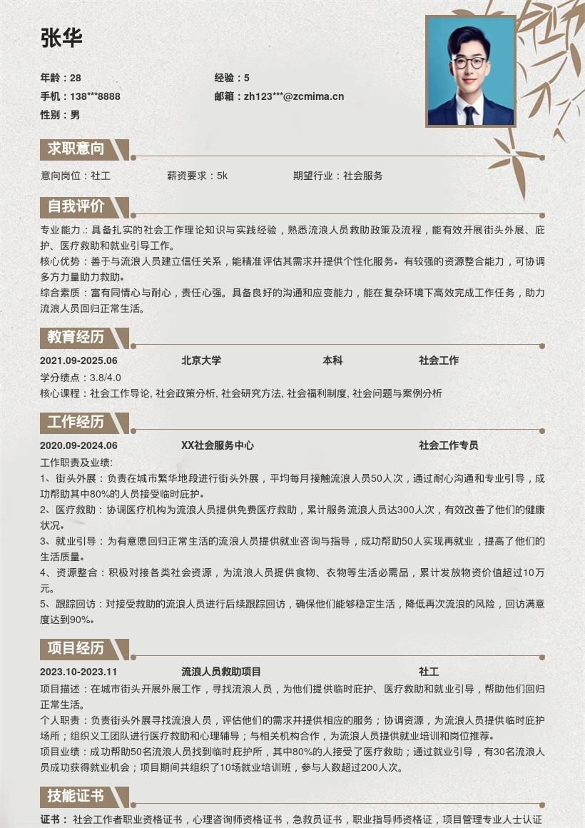 流浪人员救助社工岗位简历模板