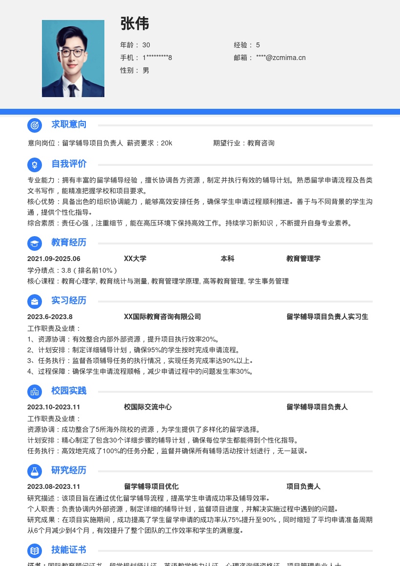 留学辅导项目负责人简历模板申请必备